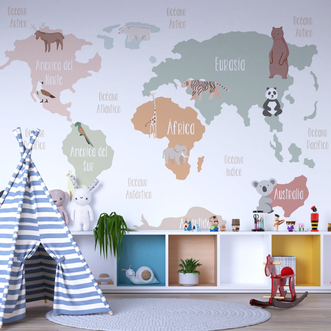 vinilos mapamundi infantil continentes y mares - Murales de pared